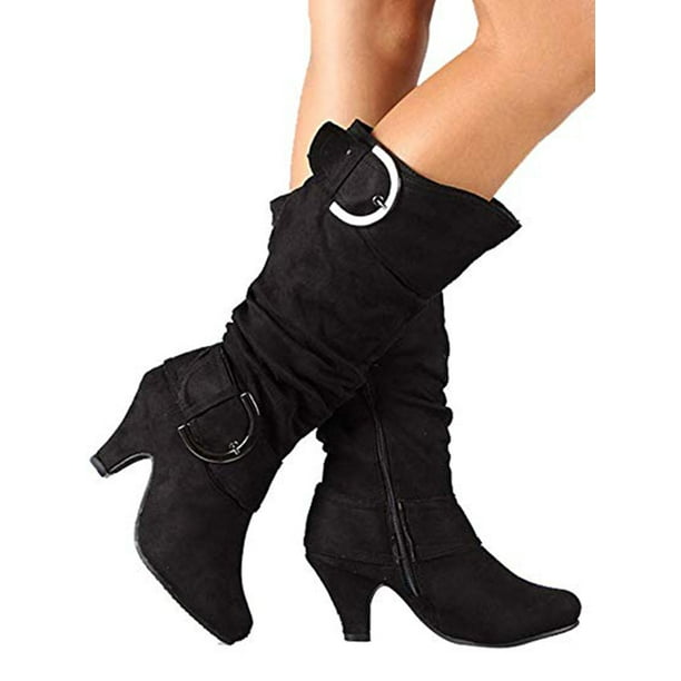 Hot Womens lady Slim Fit Mid Calf Knee Boots Winter Low Heels Round Toe shoes